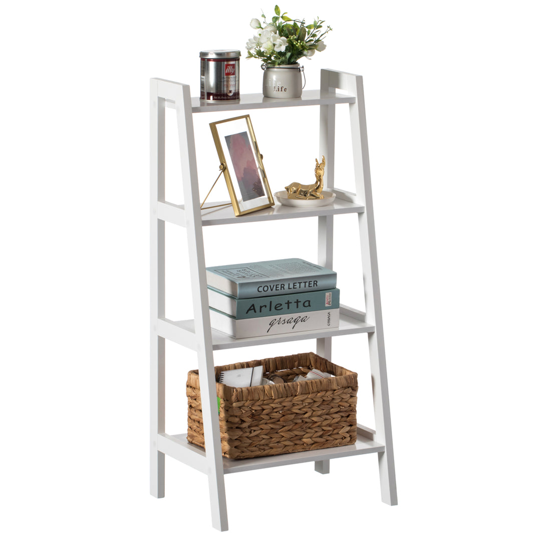 Decorative White Wooden Modern 4-Tier Ladder Bookshelf, Flower and Plant Display Image 4