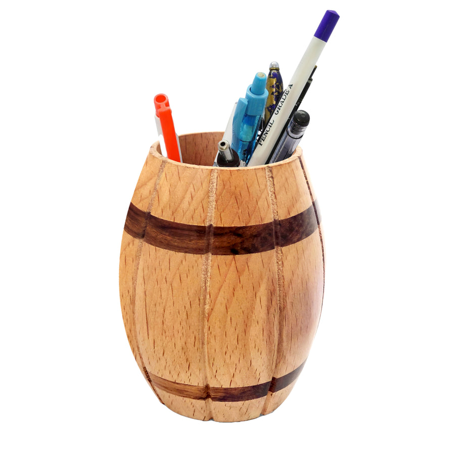 Decorative Wine Barrel Shaped Wooden Pen Holder for Office Desk, or Entryway Image 1