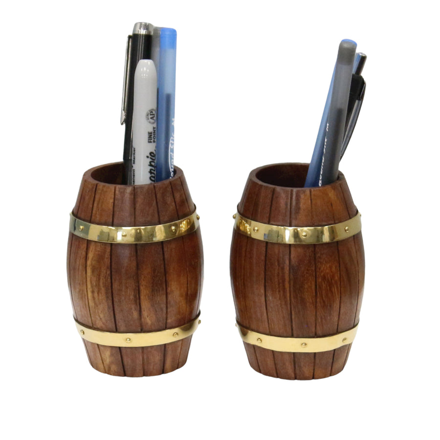 Set of Two Decorative Wine Barrel Shaped Wooden Pen Holders for Office Desk, or Entryway Image 1