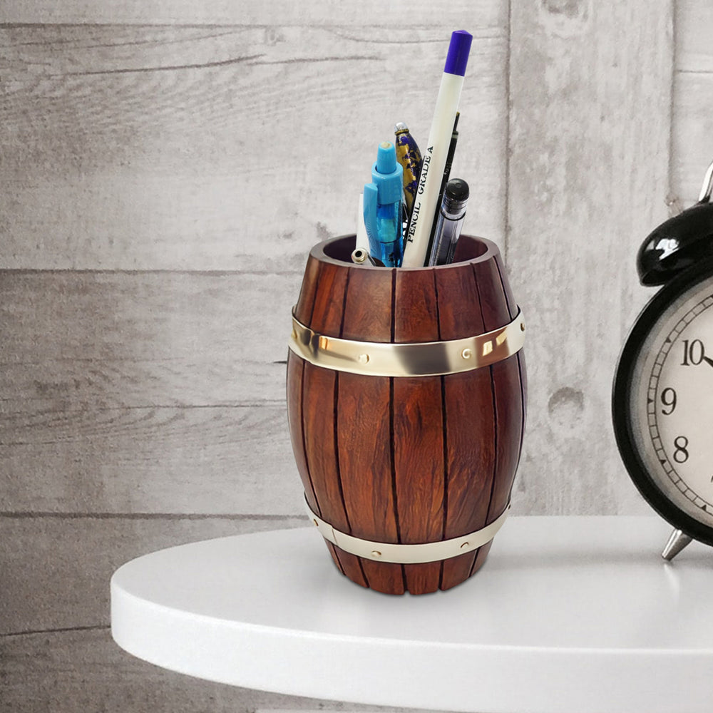 Set of Two Decorative Wine Barrel Shaped Wooden Pen Holders for Office Desk, or Entryway Image 2