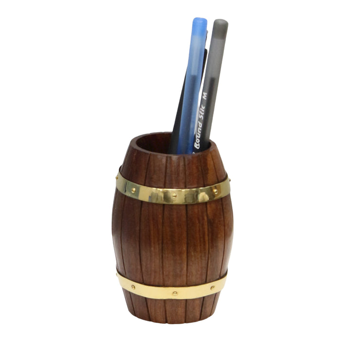 Set of Two Decorative Wine Barrel Shaped Wooden Pen Holders for Office Desk, or Entryway Image 5