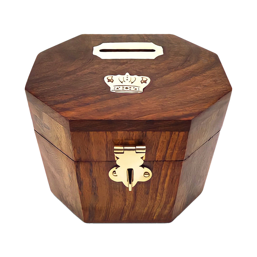 Wooden Decorative Coin Bank Money Saving Box Secured with Lockable Latch Image 1