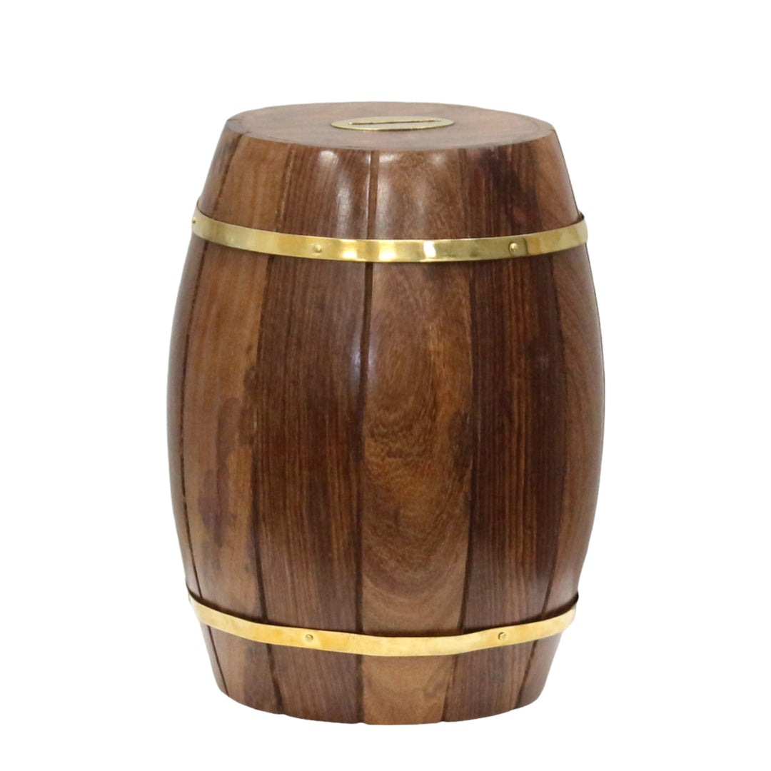 Large Wine Barrel Shaped Brown Wooden Decorative Coin Bank Money Saving Box Image 1