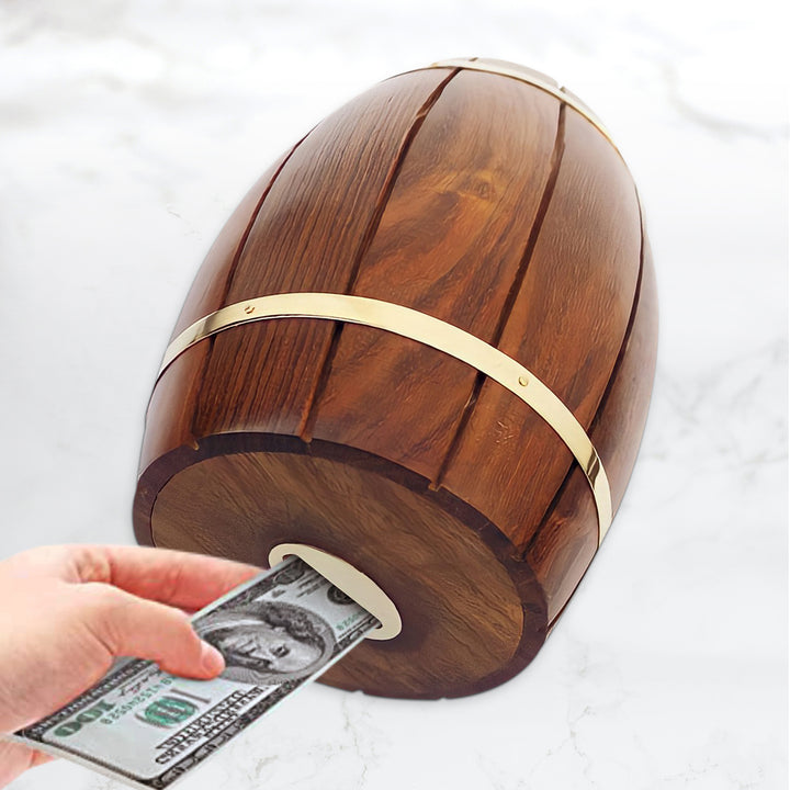 Large Wine Barrel Shaped Brown Wooden Decorative Coin Bank Money Saving Box Image 6