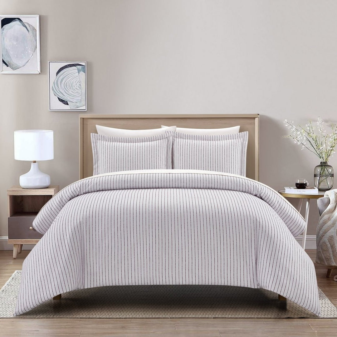 Vasey 2 or 3 Piece Duvet Cover Set Contemporary Solid White With Dot Striped Image 4