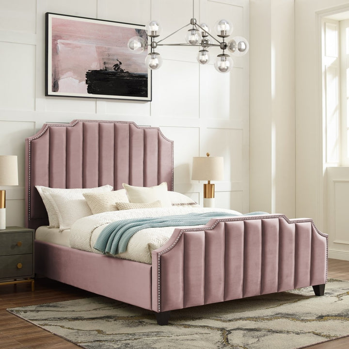 Alyce Velvet Channel Tufted Bed with Silver Nailhead Trim Image 3