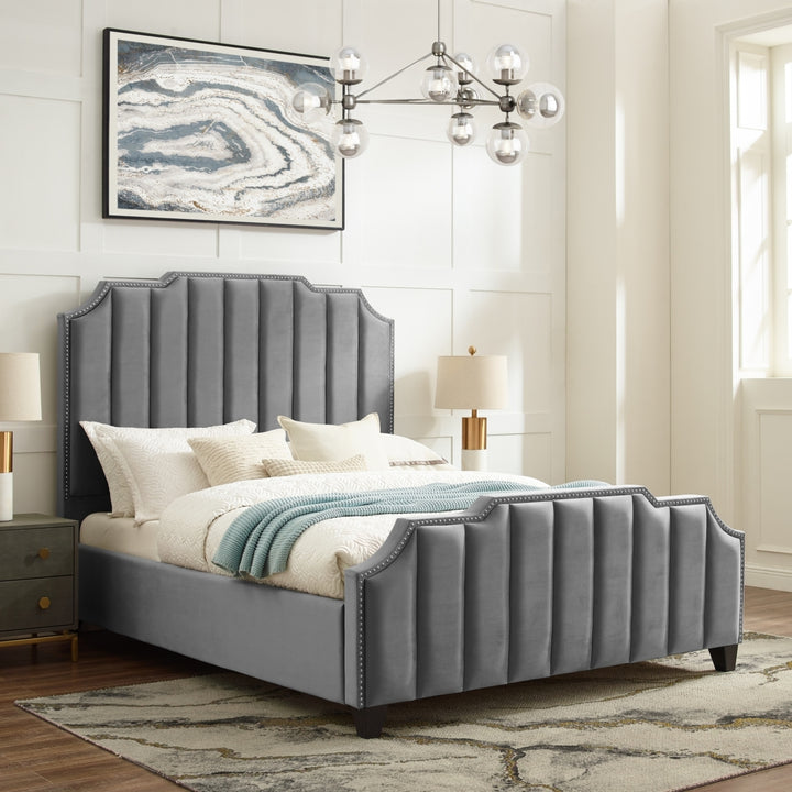 Alyce Velvet Channel Tufted Bed with Silver Nailhead Trim Image 4