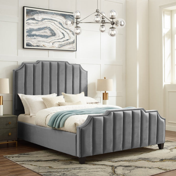 Alyce Velvet Channel Tufted Bed with Silver Nailhead Trim Image 9
