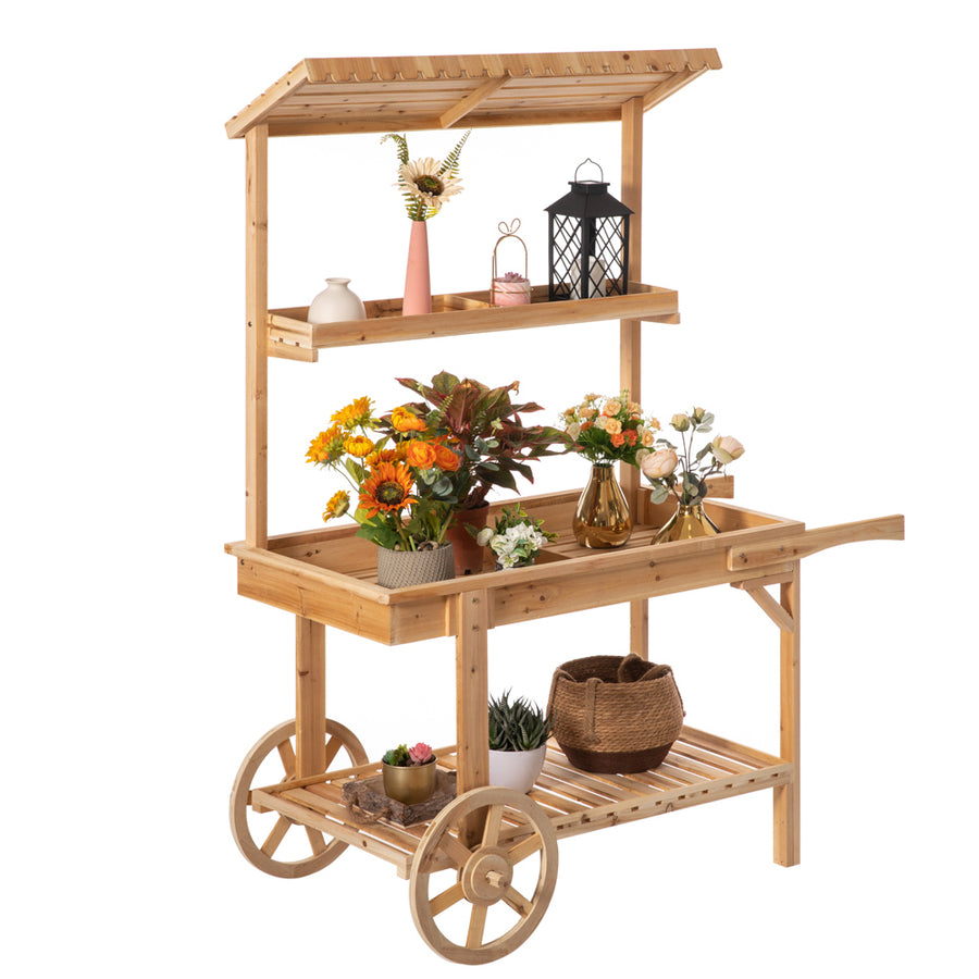 Antique Solid Wood Decor Display Rack Cart Wood Plant Stands with Wheels for Decor Display 2 Wheeled Wood Wagon with Image 1