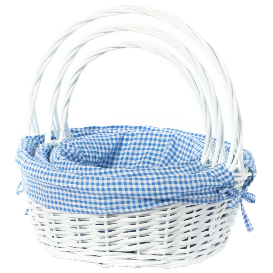 White Round Willow Gift Basket, with Blue and White Gingham Liner and Handles Image 1