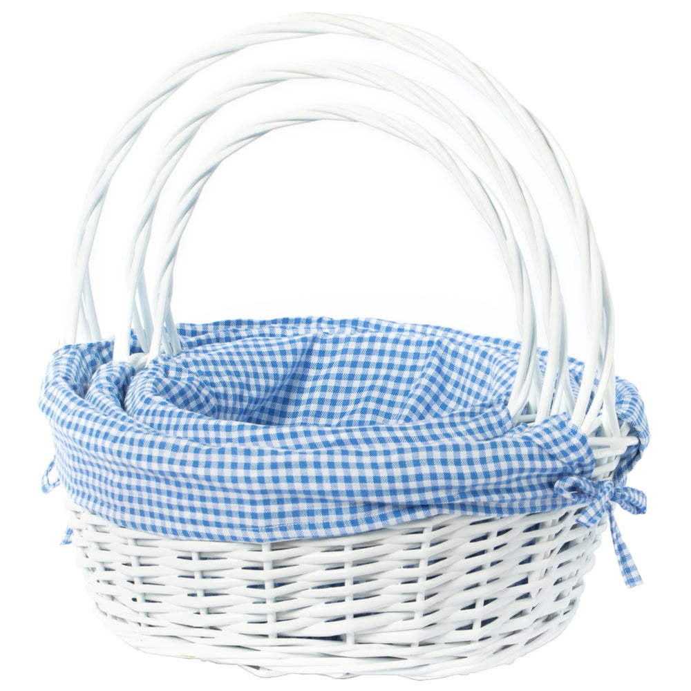 White Round Willow Gift Basket, with Blue and White Gingham Liner and Handles Image 2