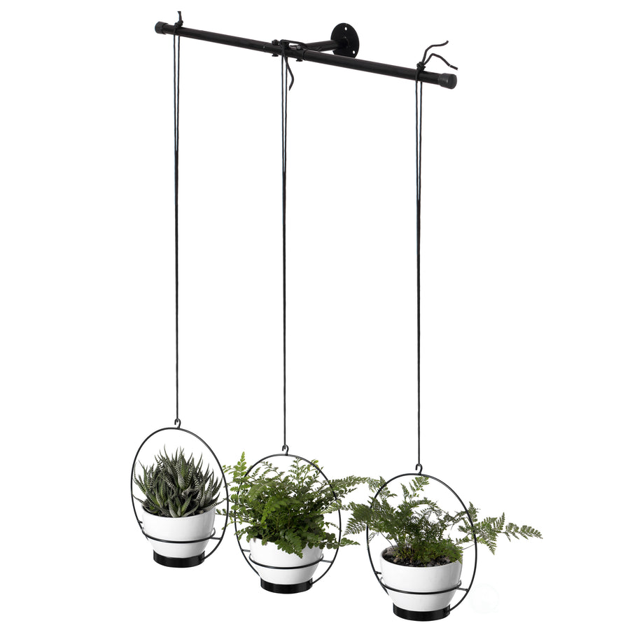 Decorative Metal Hanging Planter with Tree Pots for Flowers, White and Black Image 1