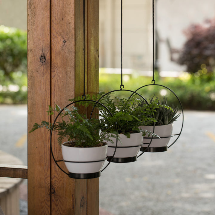 Decorative Metal Hanging Planter with Tree Pots for Flowers, White and Black Image 9