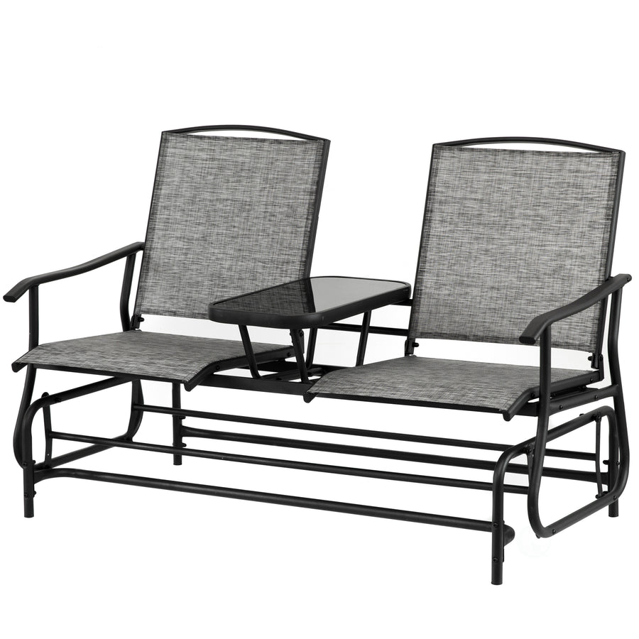 Two Person Outdoor Double Swing Glider Chair Set with Center Tempered Glass Table, Loveseat Lawn Rocker Bench Image 1