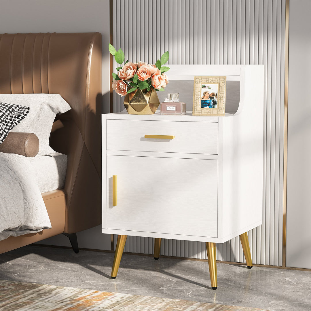 Tribesigns Nightstand, Modern Bedside Table with 2 Drawers and Heightened Open Shelf, End or Side Table with Golden Image 4