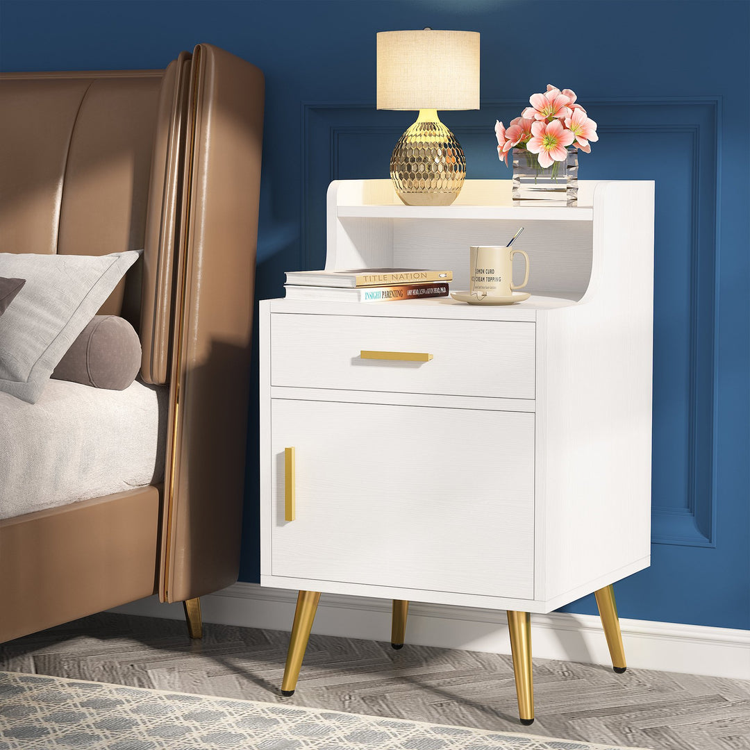 Tribesigns Nightstand, Modern Bedside Table with 2 Drawers and Heightened Open Shelf, End or Side Table with Golden Image 5
