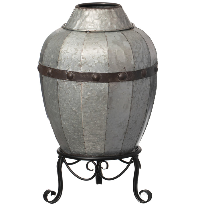 Rustic Silver Galvanized Barrel Shape Planter and Vase with Metal Stand Image 3