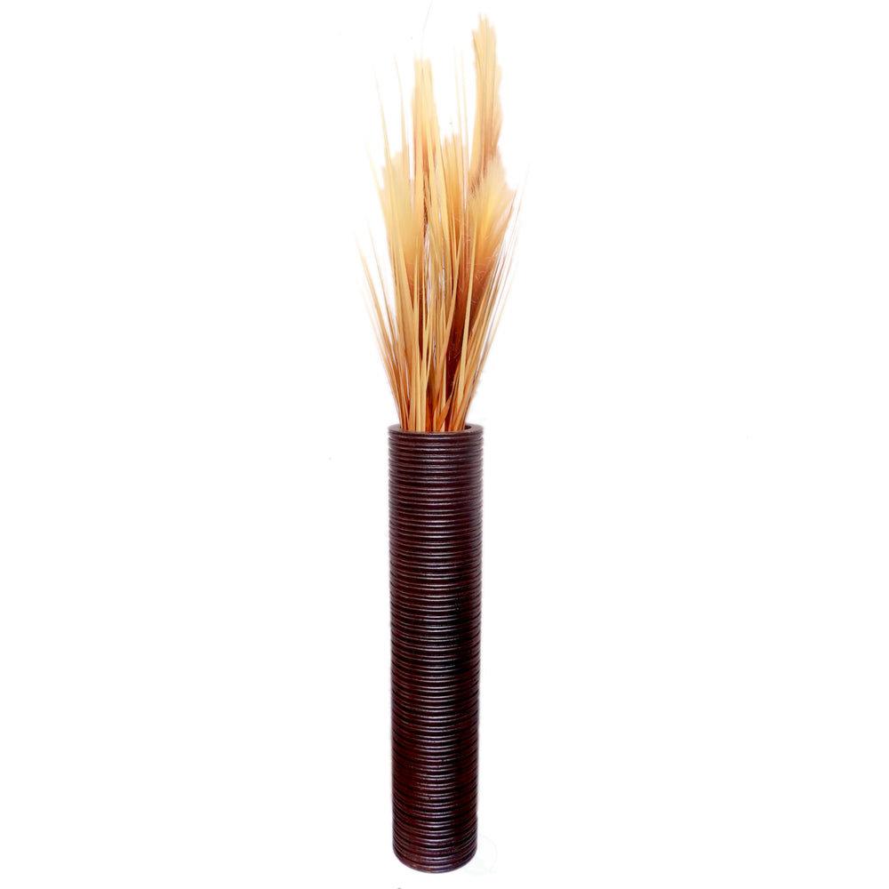 Brown Decorative Contemporary Mango Wood Ribbed Design Cylinder Shaped Vase Image 2