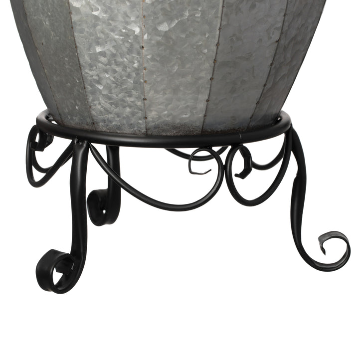 Rustic Silver Galvanized Barrel Shape Planter and Vase with Metal Stand Image 7