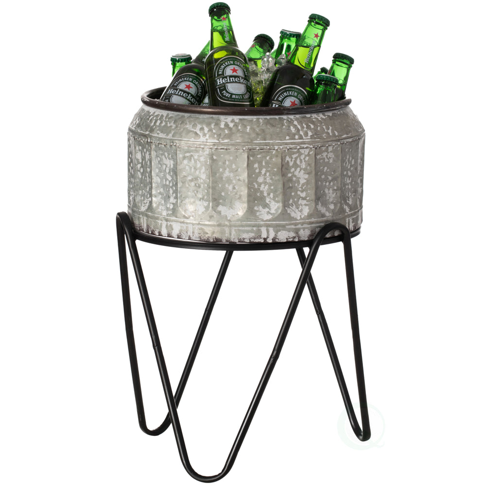 Silver Galvanized Metal Ice Bucket Beverage Cooler Tub with Stand Image 2