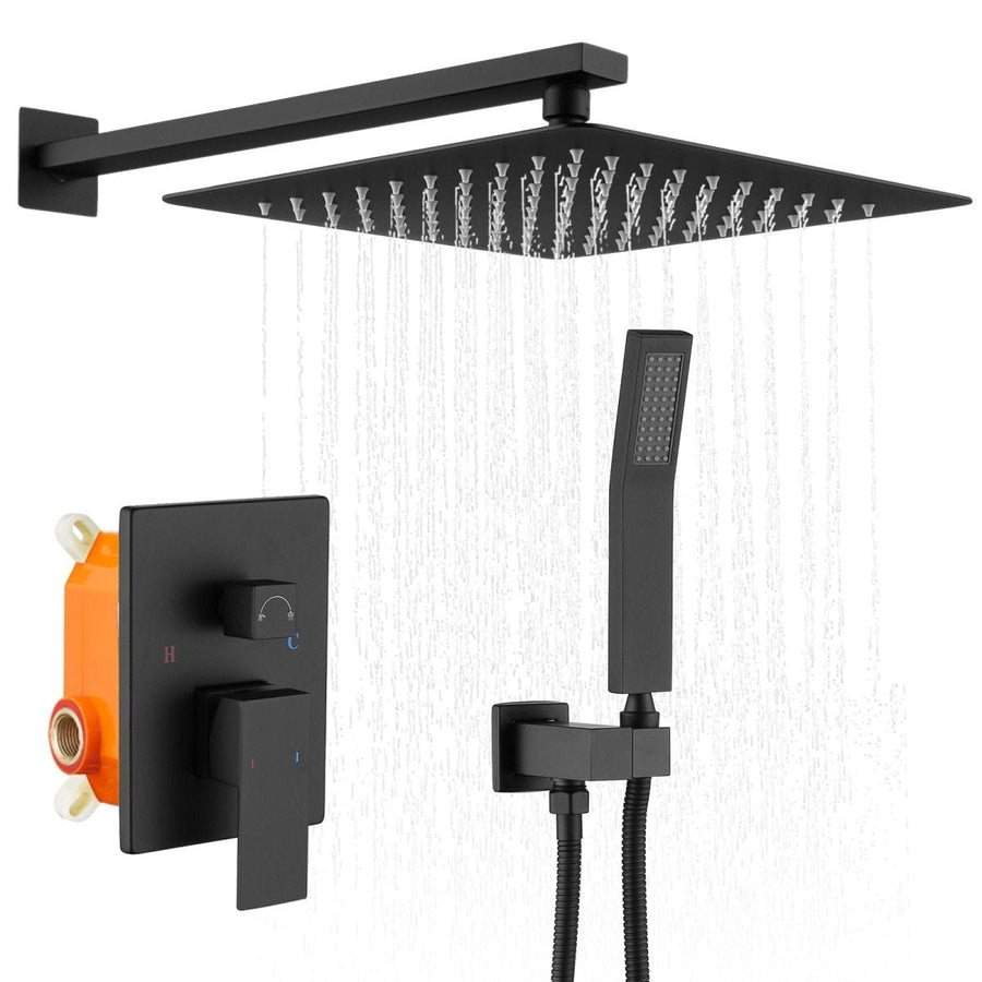 ExBrite Shower System Shower Faucet Combo Set Wall Mounted with 12" Rainfall Shower Head Set Matt Black Finish Image 1