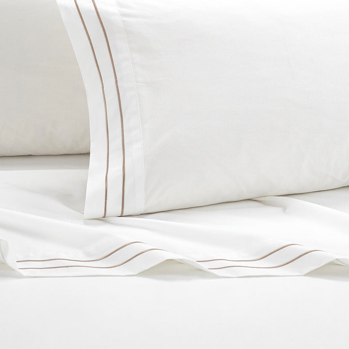 Balensia 4 Piece Organic Cotton Sheet Set Solid White With Dual Stripe Embroidery Image 5