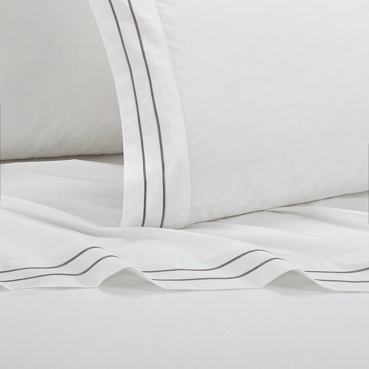 Balensia 4 Piece Organic Cotton Sheet Set Solid White With Dual Stripe Embroidery Image 7