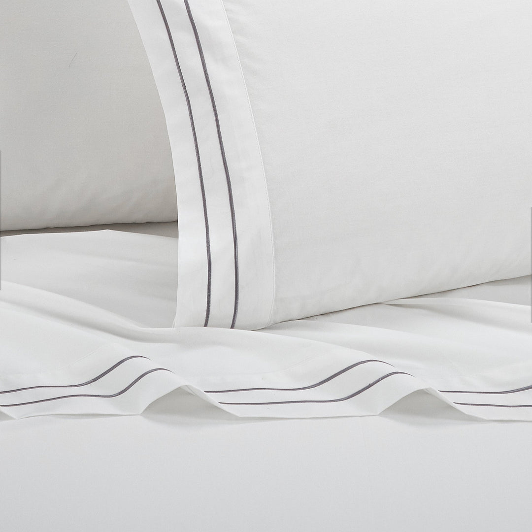Balensia 4 Piece Organic Cotton Sheet Set Solid White With Dual Stripe Embroidery Image 1