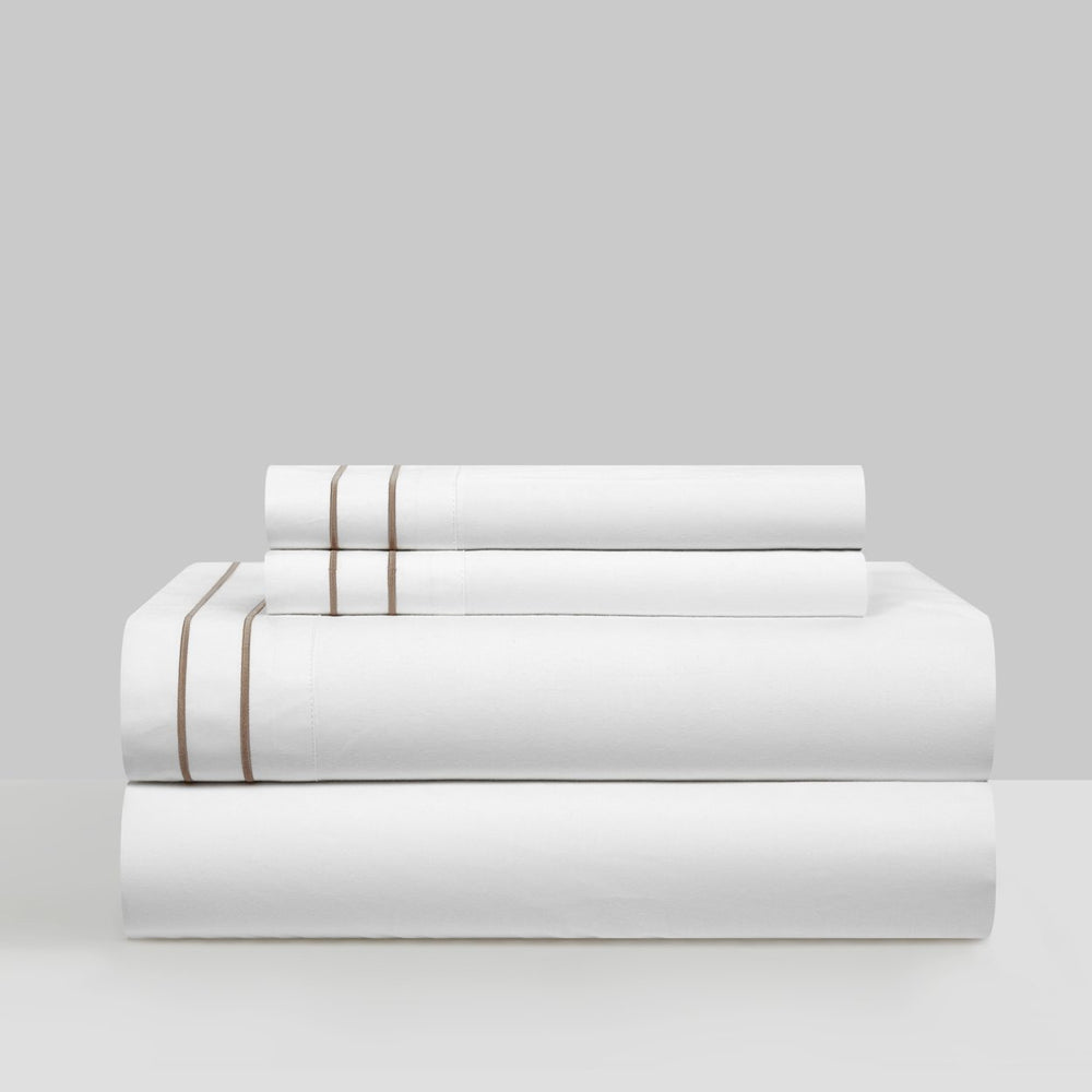 Balensia 4 Piece Organic Cotton Sheet Set Solid White With Dual Stripe Embroidery Image 2