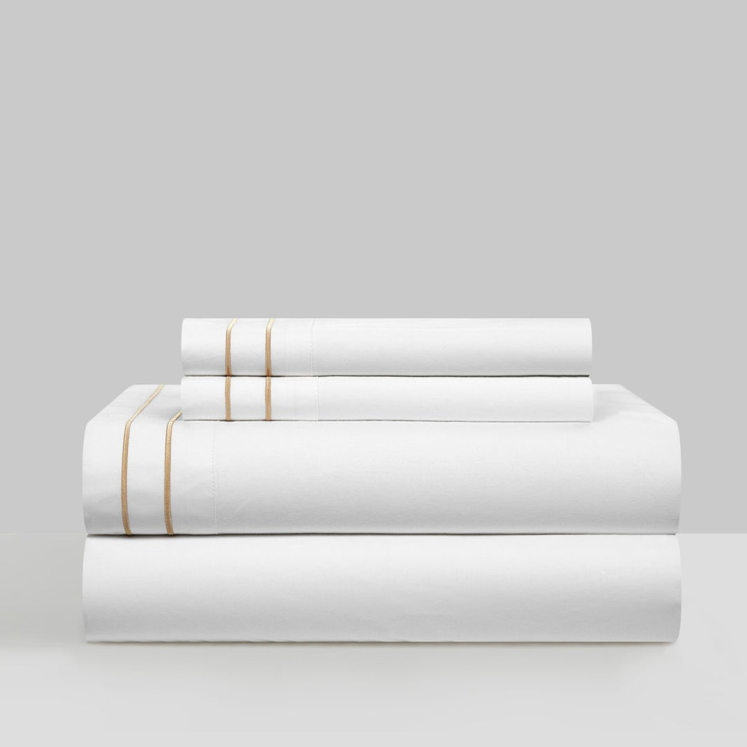 Balensia 4 Piece Organic Cotton Sheet Set Solid White With Dual Stripe Embroidery Image 3