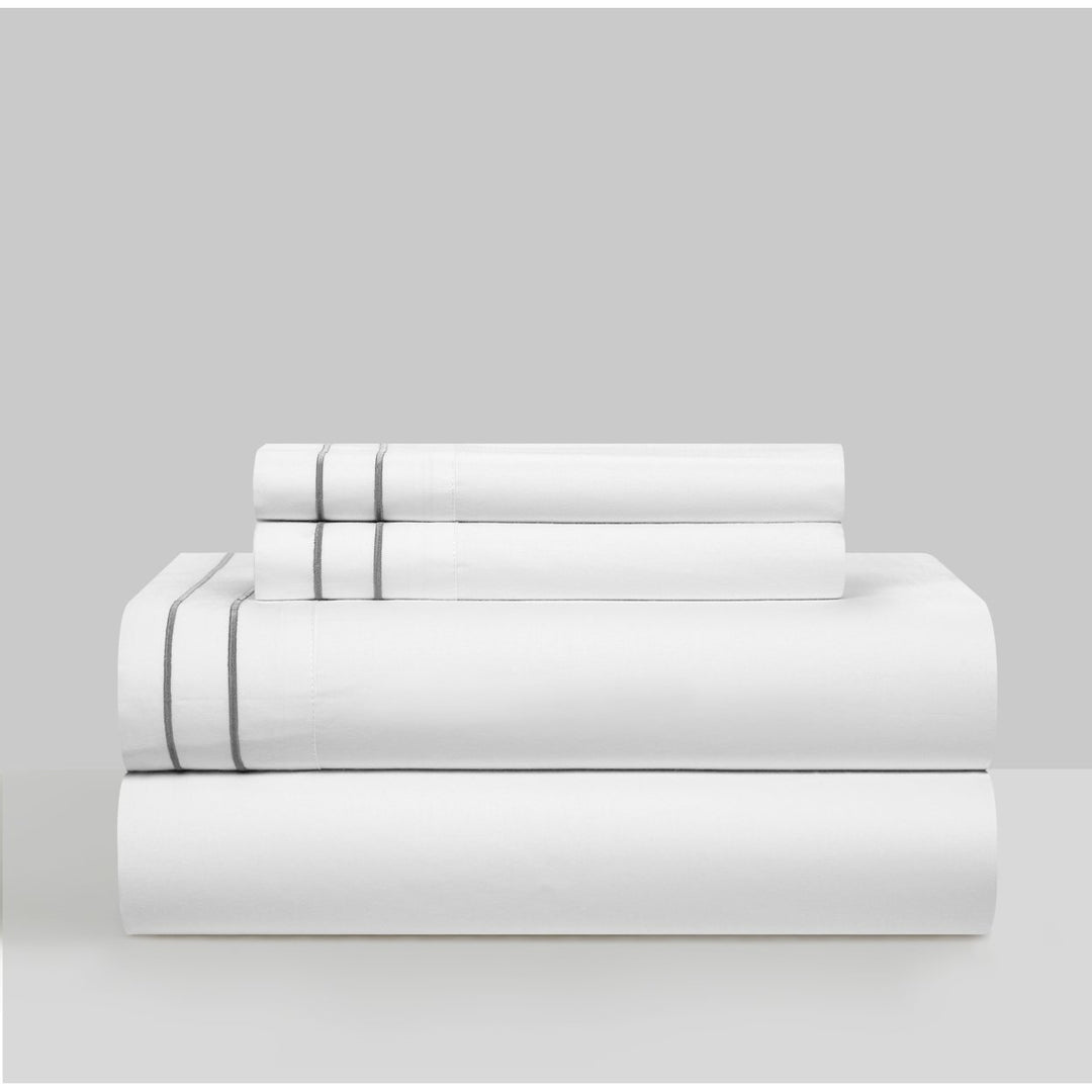 Balensia 4 Piece Organic Cotton Sheet Set Solid White With Dual Stripe Embroidery Image 4