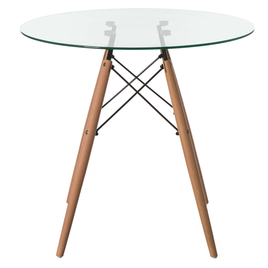 Round Clear Glass Top Accent Dining Table with 4 Beech Solid Wood Legs Modern Space Saving Small Leisure Circle Desk Image 1