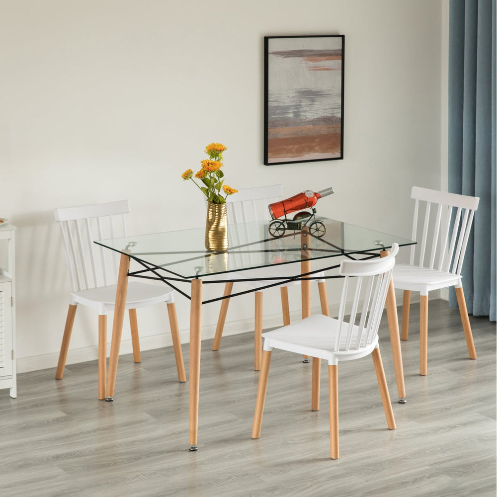 Rectangle Clear Glass Top Accent Dining Table with 4 Beech Metal Frame Solid Wood Legs Modern Space Saving Small Leisure Image 2