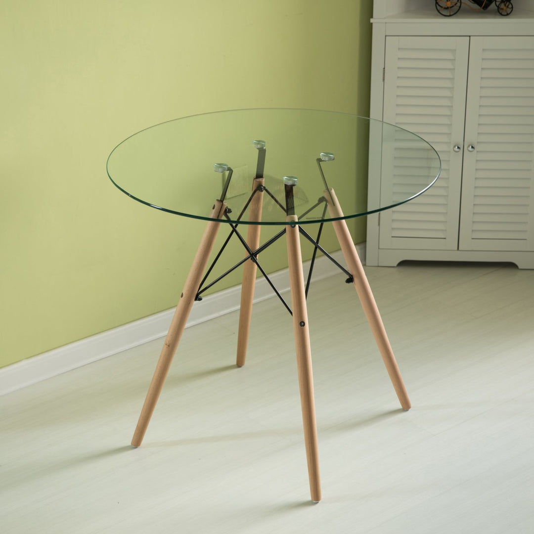 Round Clear Glass Top Accent Dining Table with 4 Beech Solid Wood Legs Modern Space Saving Small Leisure Circle Desk Image 6
