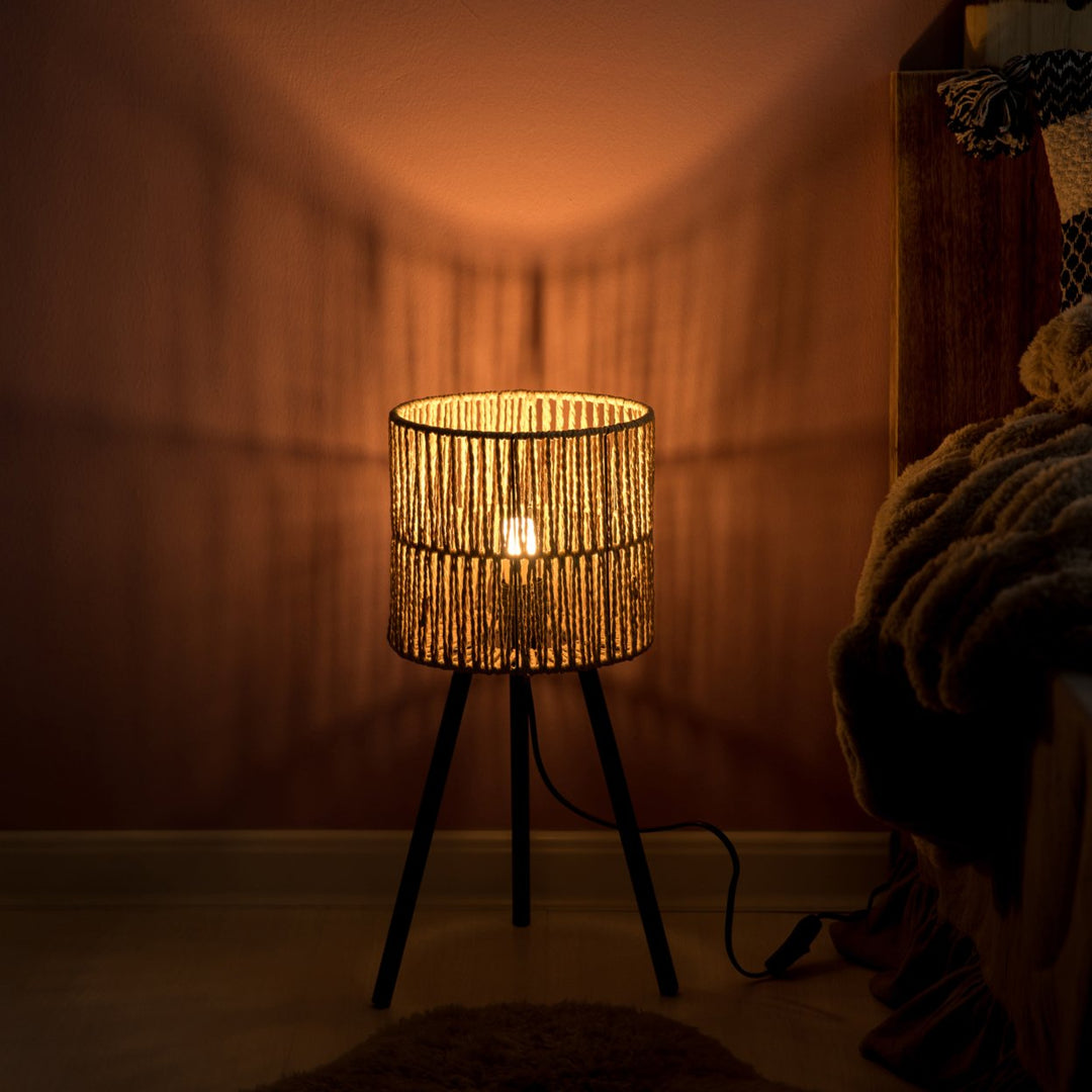 Woven Designed Bamboo Tripod Floor Lamp with Plug in Cord On and Off Switch Image 4