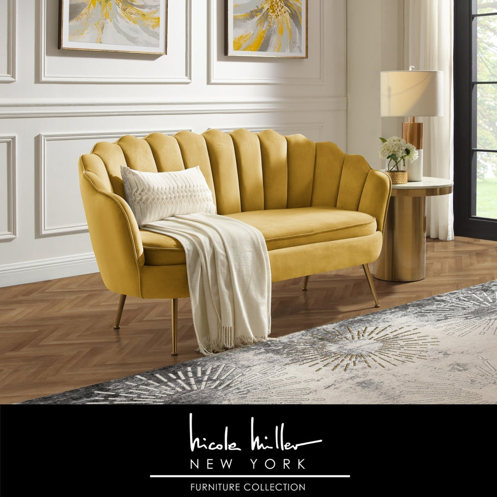 Dallin Loveseat - Upholstered Channel Tufted, Scalloped Edges, Tapered Polished Gold Legs Image 2