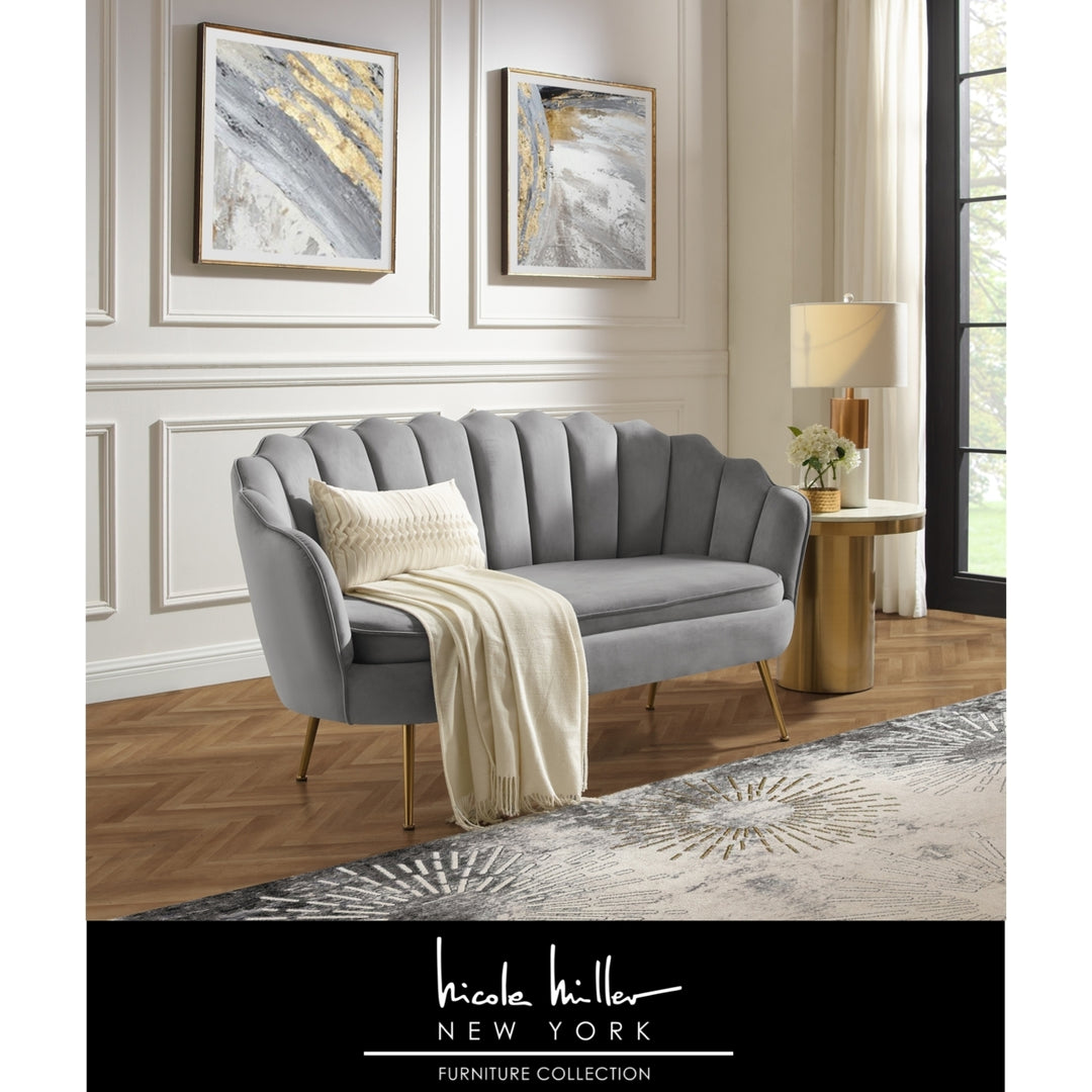 Dallin Loveseat - Upholstered Channel Tufted, Scalloped Edges, Tapered Polished Gold Legs Image 6