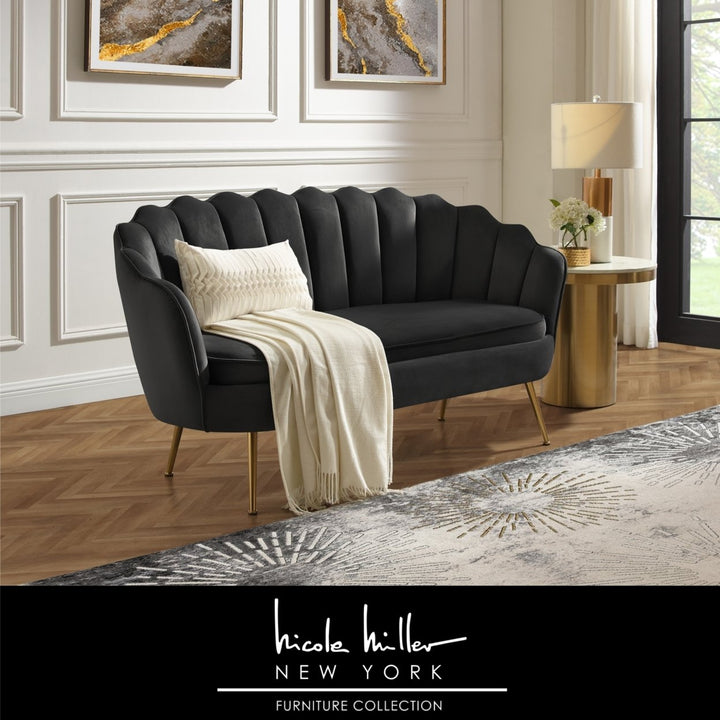 Dallin Loveseat - Upholstered Channel Tufted, Scalloped Edges, Tapered Polished Gold Legs Image 7