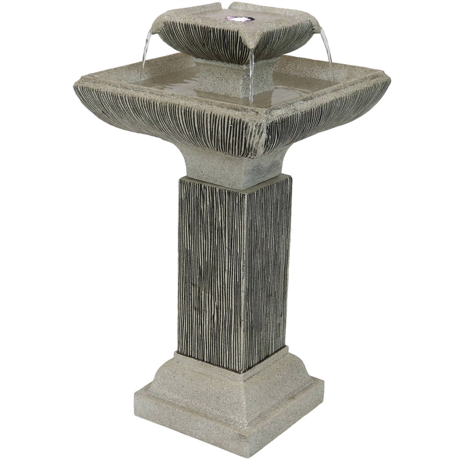 Sunnydaze Square Resin Outdoor 2-Tier Bird Bath Water Fountain with Lights Image 1