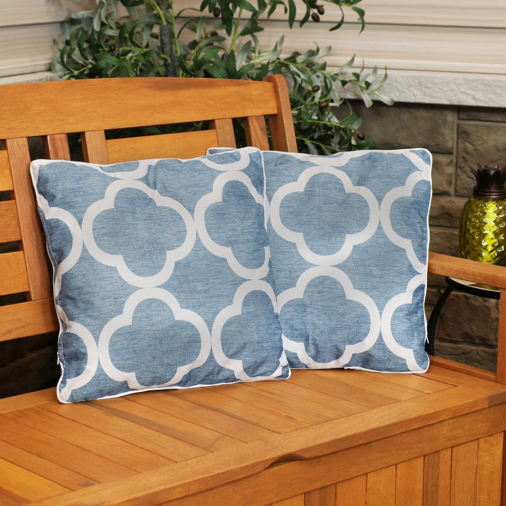 Sunnydaze 2 Indoor/Outdoor Throw Pillows - 16-Inch - Blue and White Quatrefoil Image 2