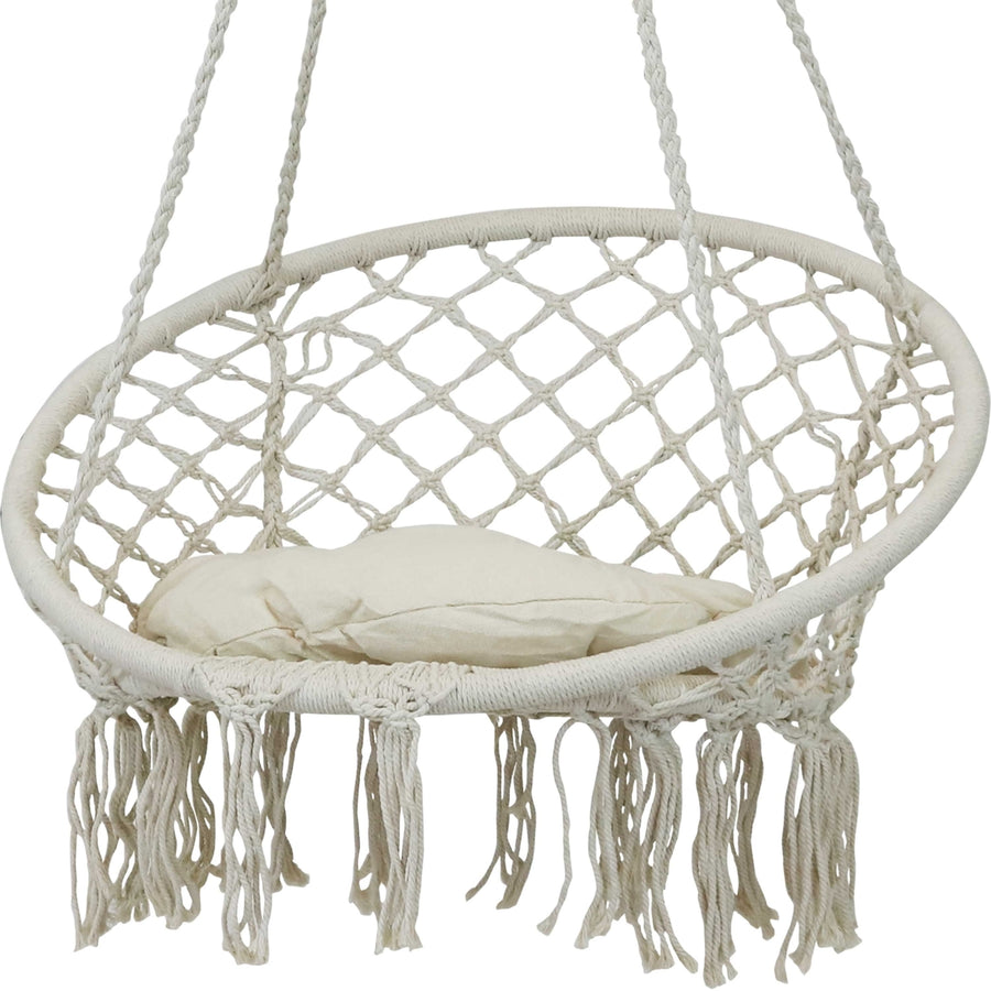 Sunnydaze Cotton Rope Macrame Hammock Chair with Tassels/Cushion - Cream Image 1