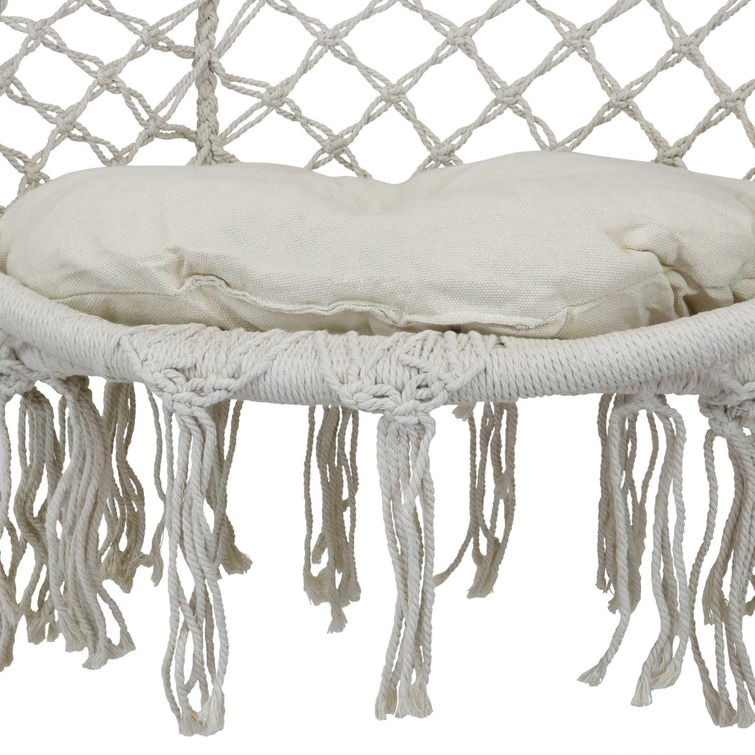 Sunnydaze Cotton Rope Macrame Hammock Chair with Tassels/Cushion - Cream Image 5