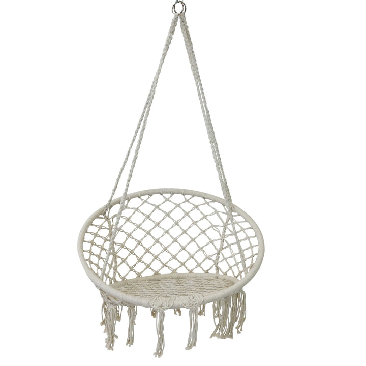 Sunnydaze Cotton Rope Macrame Hammock Chair with Tassels/Cushion - Cream Image 8