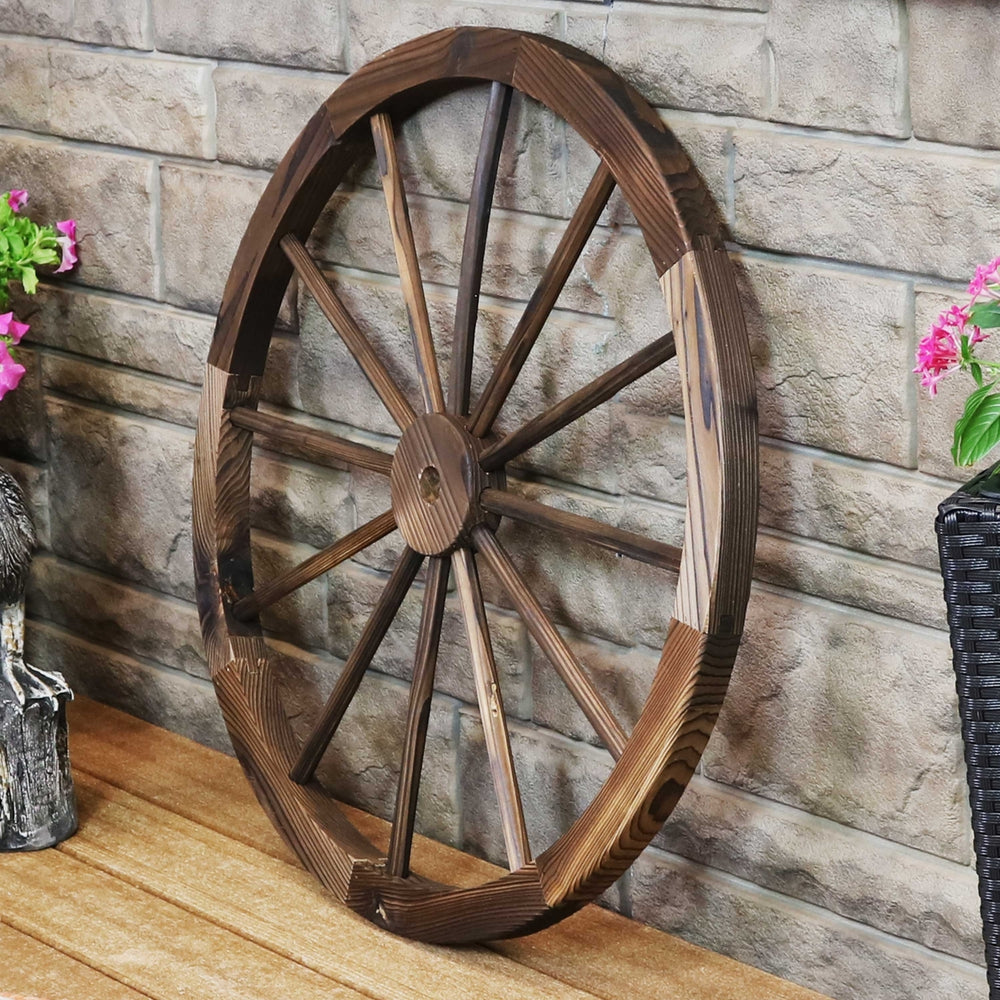 Sunnydaze Wagon Wheel Indoor/Outdoor Statue - 29 in - Natural Image 2