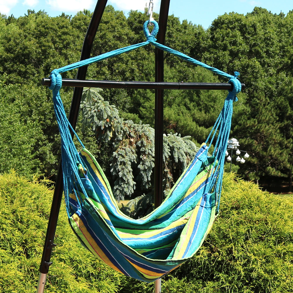 Sunnydaze Cotton Hammock Chair with Collapsible Spreader Bar - Ocean Breeze Image 2