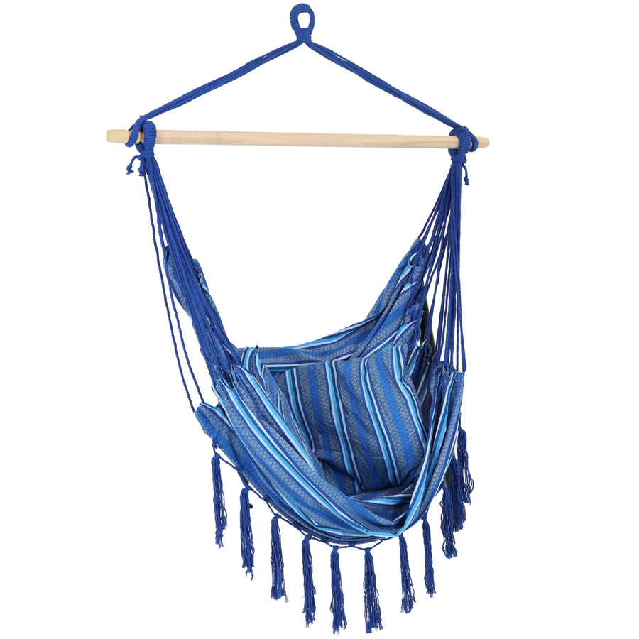 Sunnydaze Polyester Hammock Chair with Cushions and Fringe - Blue Stripes Image 1