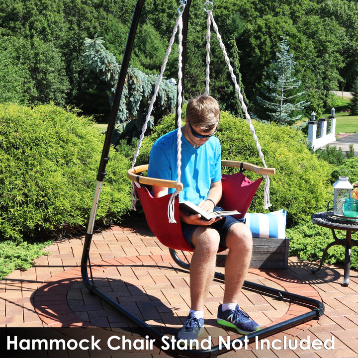 Sunnydaze Olefin Fabric Hammock Chair with Cushion and Wood Armrest - Red Image 5