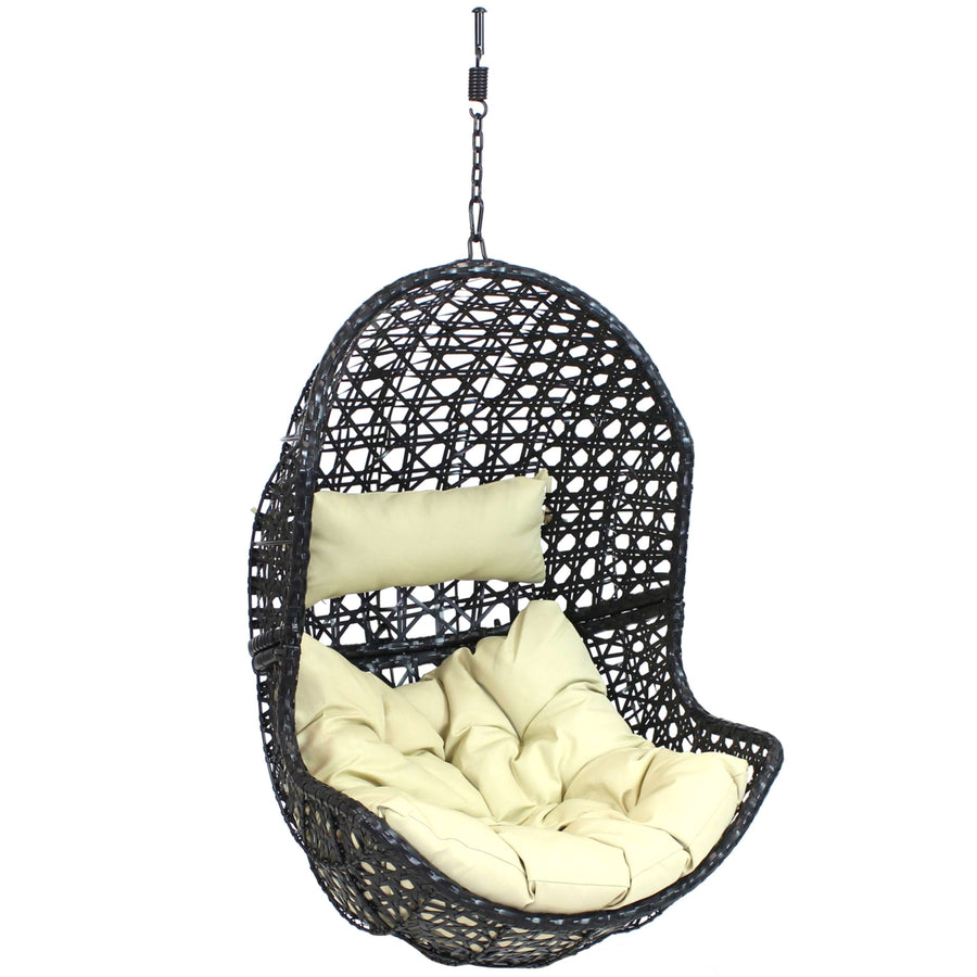Sunnydaze Black Resin Wicker Basket Hanging Egg Chair with Cushions - Beige Image 1
