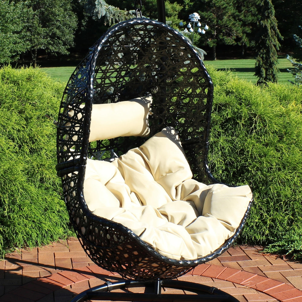 Sunnydaze Black Resin Wicker Basket Hanging Egg Chair with Cushions - Beige Image 2