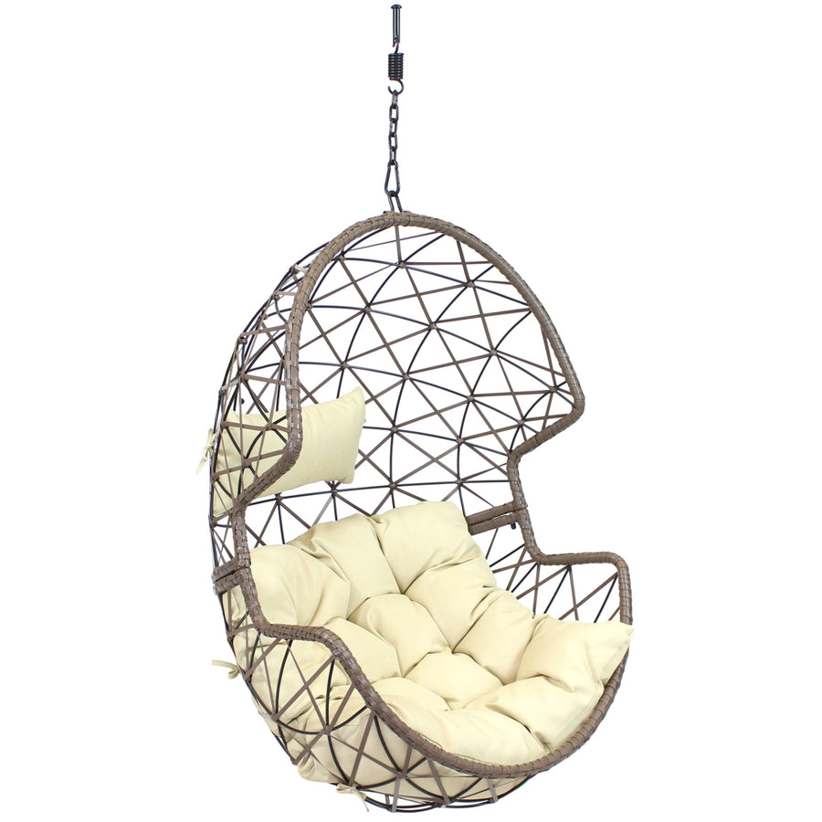 Sunnydaze Resin Wicker Basket Hanging Egg Chair with Cushions - Beige Image 1